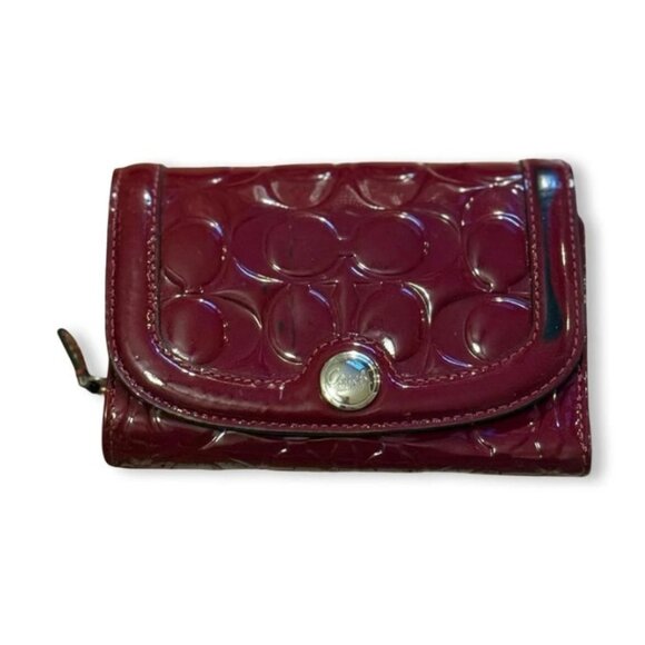Coach Signature CC Logo Burgundy Patent Leather Flap Trifold Wallet - Picture 1 of 1